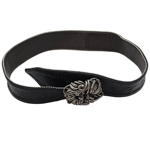 Vintage Fahrenheit NY Wide Black Leather Belt‎ Pewter Buckle 80s Wearable Art main image 9
